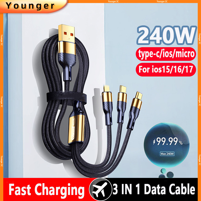 3 In 1 USB Charger Fast สายชาร์จประเภท C Micro Ios Multi Charger CABLE สําหรับย้ายโทรศัพท์แท็บเล็ตสา