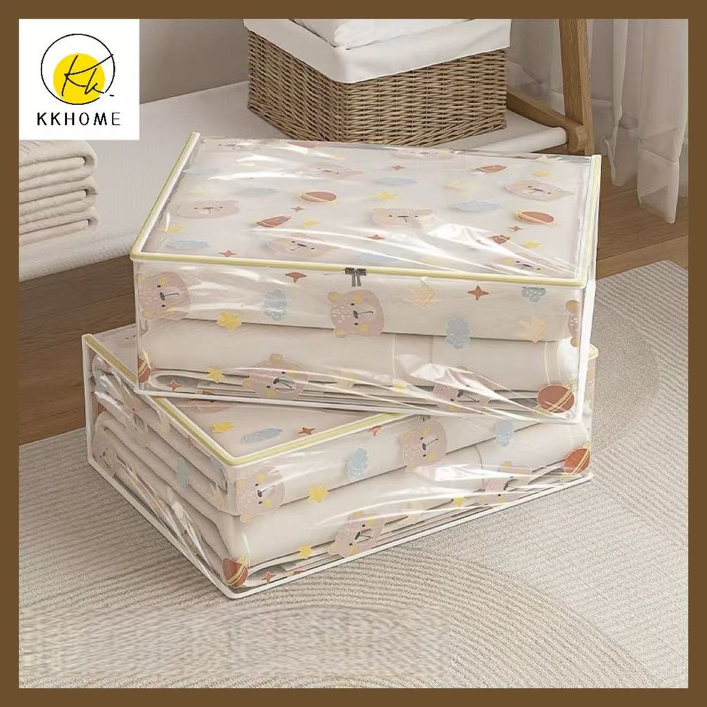 KKHOME ถุงเก็บผ้านวม ลายหมีน่ารัก ความจุใหญ่ กันน้ํา ซิปรูดปิด PEVA ใส กล่องพับได้ สำหรับเก็บผ้าห่ม