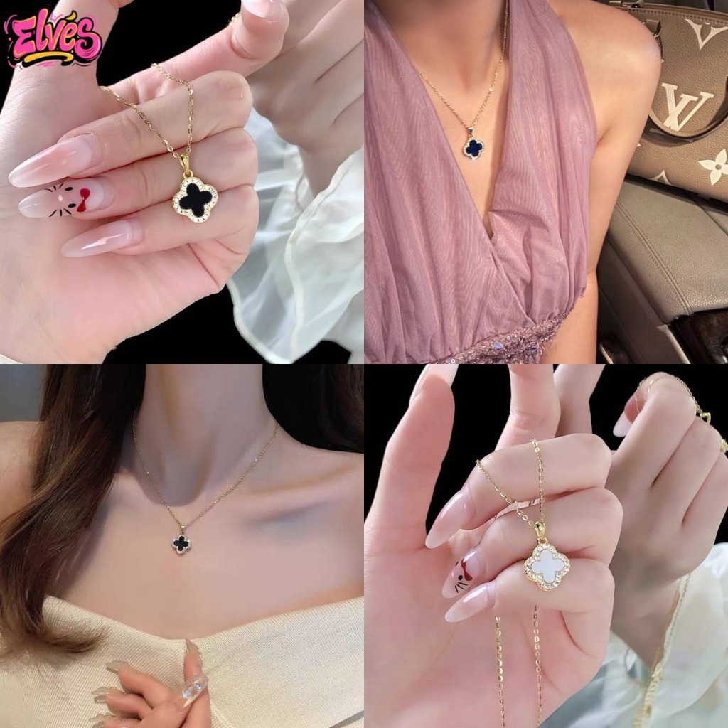 Elves พร้อม💟 สร้อยคอแฟชั่น สีดำขาวทอง ลายดอกไม้แต่งเพชร"BRL-22"