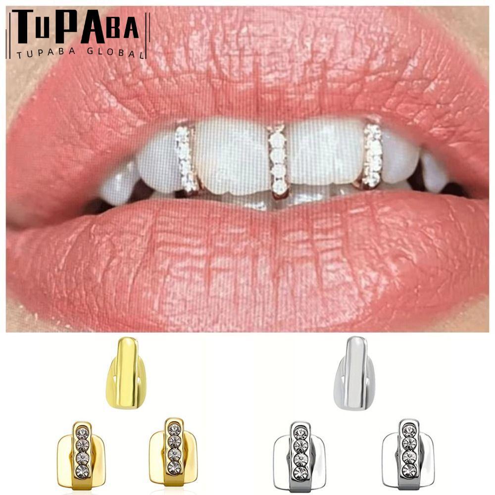TUPABA 3 ชิ้น Grillz, Rhinestone Hollow Hip Hop ฟัน Grillz, เงาฟันหมวกคอสเพลย์