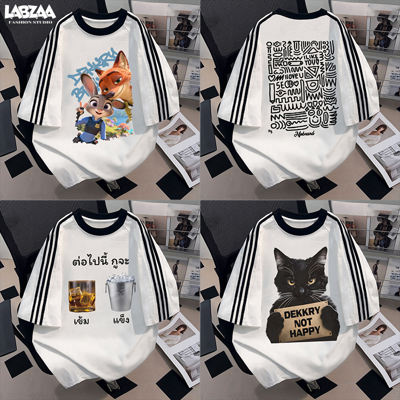 LABZAA วินเทจฟอกน้ำ🔥เสื้อยืดแขนสั้นคอกลม ผ้าหนายับยากรีดง่าย ลวดลายแฟชั่น ระบายอากาศ ผ้าฝ้าย YG0