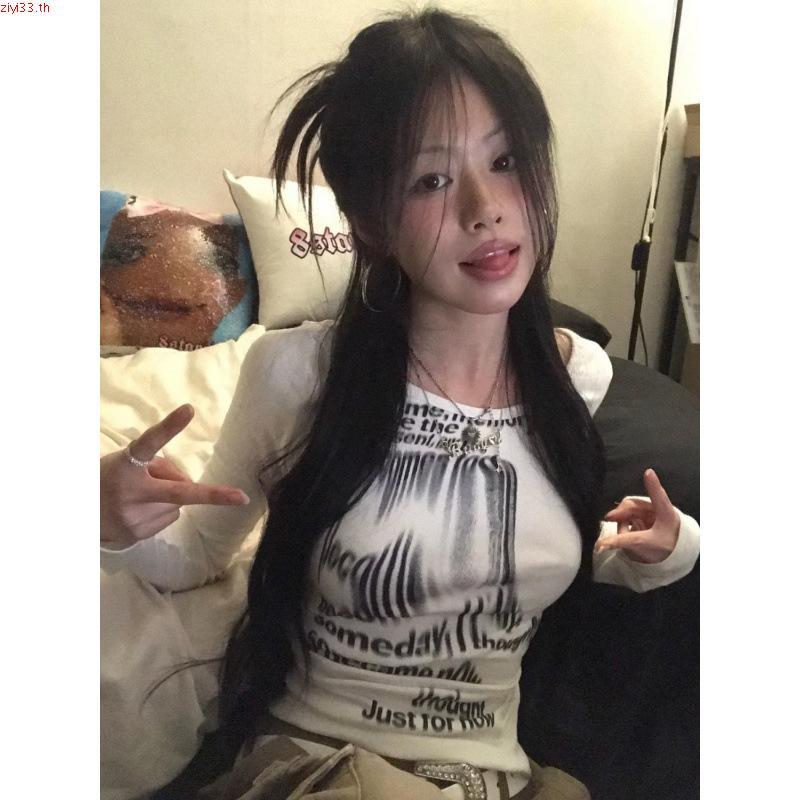 Aespa Karina เสื้อยืดแขนยาว เปิดไหล่ เข้ารูป พิมพ์ลายตัวอักษร Aespa Karina แฟชั่นสไตล์เกาหลี