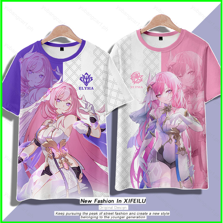 YB1 T-Shirt ผู้หญิงสไตล์ Honkai 3rd Anime กับลาย.Cosplay Elysia พร้อมพิมพ์ 3D ขนาดฟรีไซส์