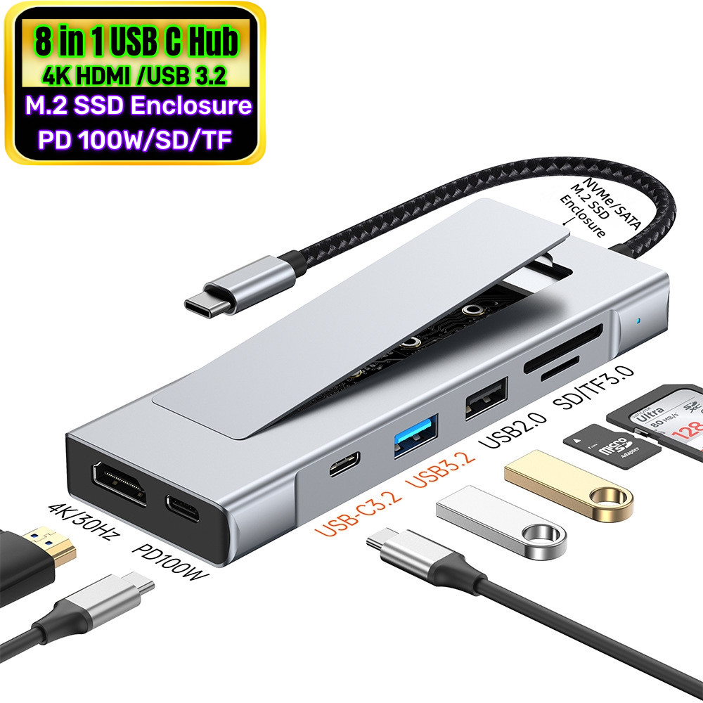 8 in 1 USB C Hub Type-C 4K HDMI USB3.2 PD 100W Docking Station พร้อม M.2 NVME SATA SSD Enclosure SD 