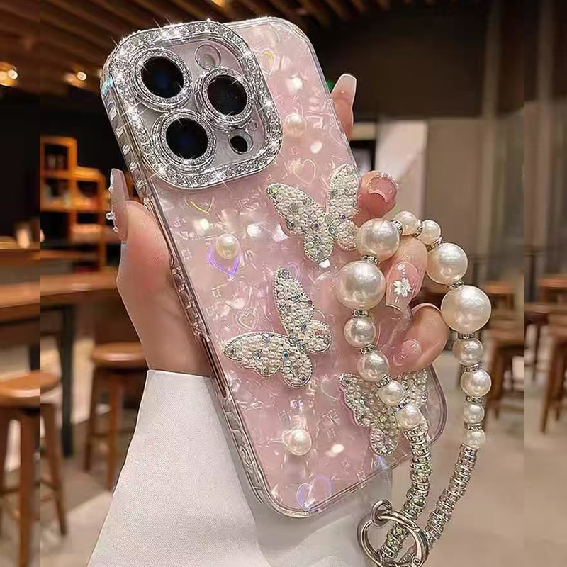 IMD Love เลเซอร์เคสโทรศัพท์สําหรับ iPhone 17 15 16 14 13 12 11 Pro Max แฟชั่น 3D Pearl Butterfly ฝาครอบป้องกัน