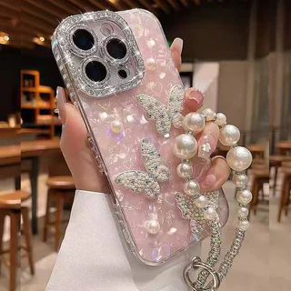 IMD Love เลเซอร์เคสโทรศัพท์สําหรับ iPhone 17 15 16 14 13 12 11 Pro Max แฟชั่น 3D Pearl Butterfly ฝาครอบป้องกัน