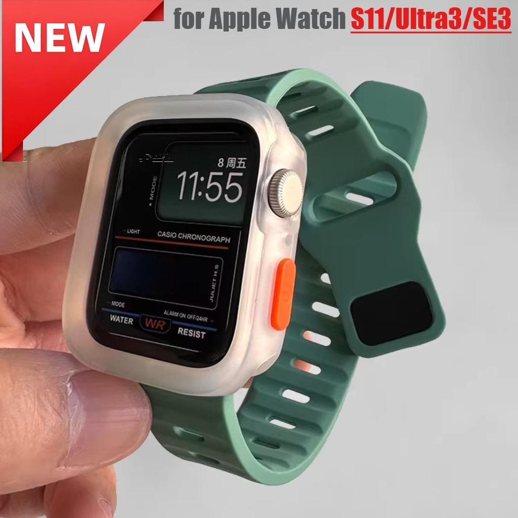 เคสซิลิโคนพร้อมสายรัดสําหรับ Apple Watch Ultra3 49 มม., S11 46 มม., S10 42 มม., SE3 44 มม., 40 มม., 45 มม., 41 มม. รองรับ Series 11 10 8 9 7 6 SE 5 4