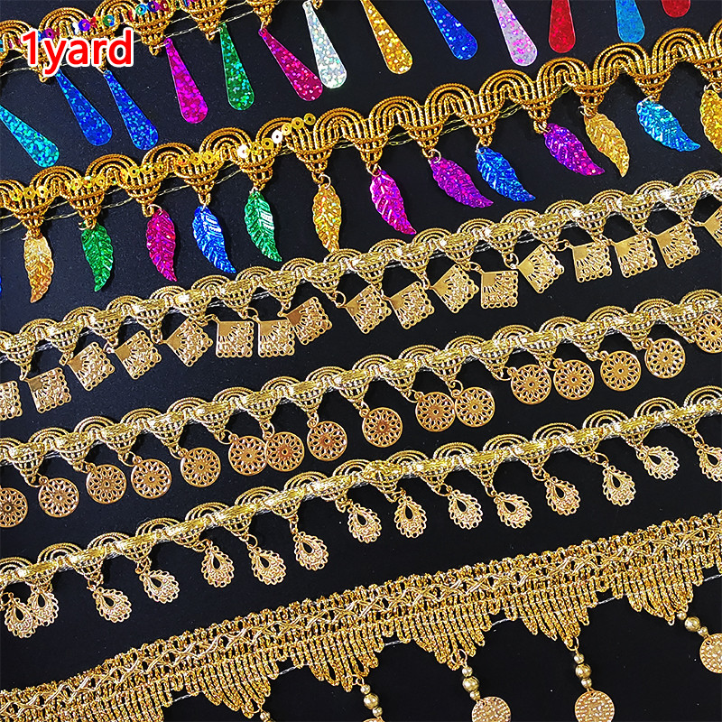 ลูกไม้ตัดริบบิ้น1หลาสีทองสําหรับจักรเย็บผ้าชุดเสื้อผ้าชายแดนผ้าปักวัสดุงานแต่งงานเย็บปักถักร้อย0.91เมตร