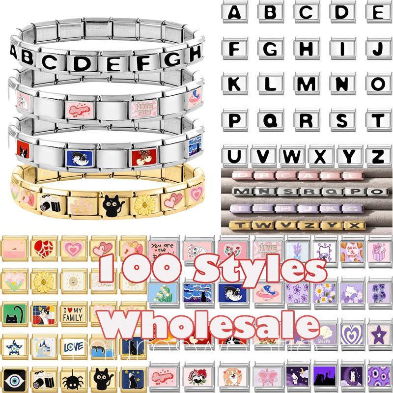 สร้อยข้อมือcharm DIY สแตนเลสสตีลสีชมพู ขนาด9มม. อิตาเลียนคุณภาพ มาพร้อม26ลิงค์เชื่อมต่อ