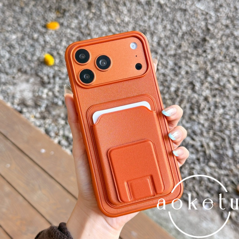 เหมาะสําหรับเคสใส่การ์ด ไอโฟน 17 มือโปร สีส้ม 16โปรแม็กซ์ ผู้ถือบัตรขนาดเล็ก 15 ช่องเสียบการ์ด 14 แบบบูรณาการ 13 วงเล็บรวมทุกอย่างป้องกันการตกฝา