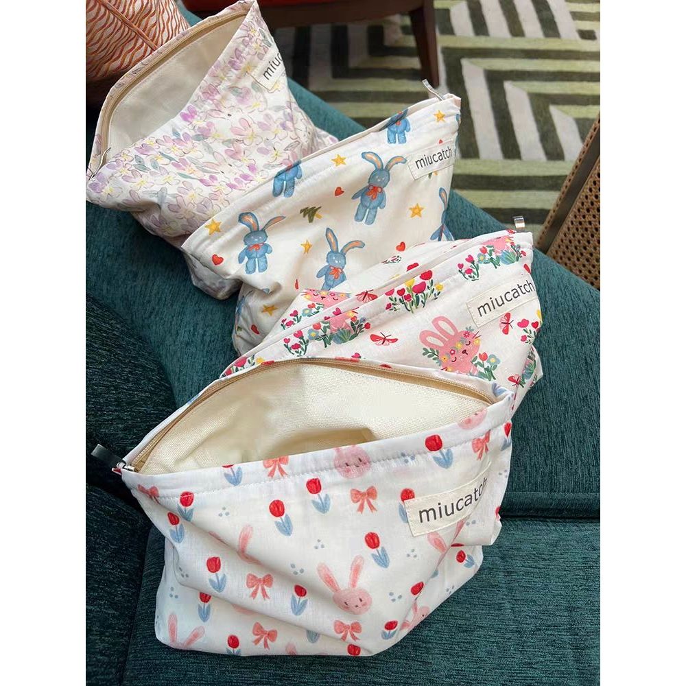 Hot Sale#[4.6Ten Thousand People Collection]Cartoon Rabbit Flower Print Cotton Makeup Bag Canvas Lin