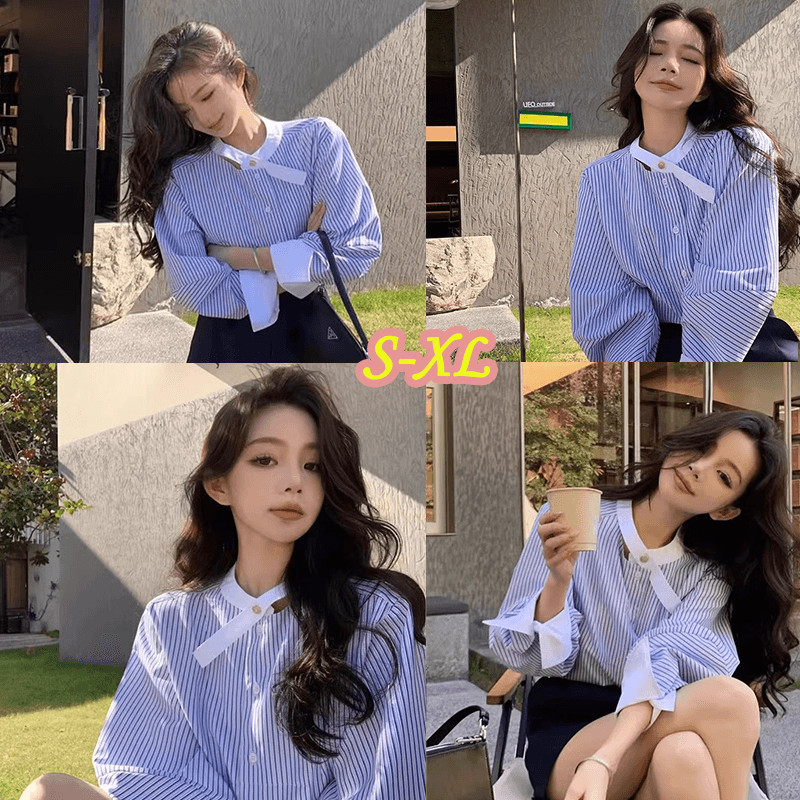 W671 เสื้อเชิ้ตแขนยาวลายทางสีฟ้าแบบหลวมสำหรับผู้หญิง คอกลม ใส่ทับซ้อนได้ เหมาะสำหรับฤดูใบไม้ผลิและฤดูใบไม้ร่วง