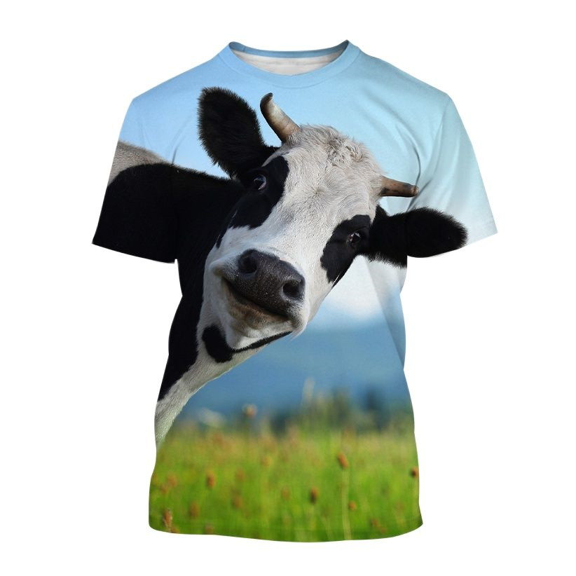 เสื้อยืดผู้ชายแบบ 3D พิมพ์ภาพวัว สไตล์ Hip Hop และ STREETWEAR แขนสั้นรอบคอดีไซน์ยุค Y2K