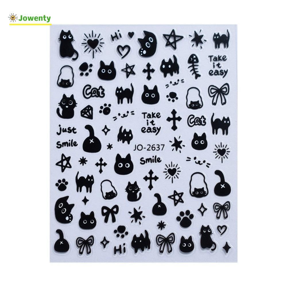 JOWENTY Cat Sliders เล็บ, กาว Y2K สีดําแมวเล็บสติกเกอร์, Kawaii เล็บอุปกรณ์เสริมการ์ตูน DIY เด็กสติกเกอร์ Decal