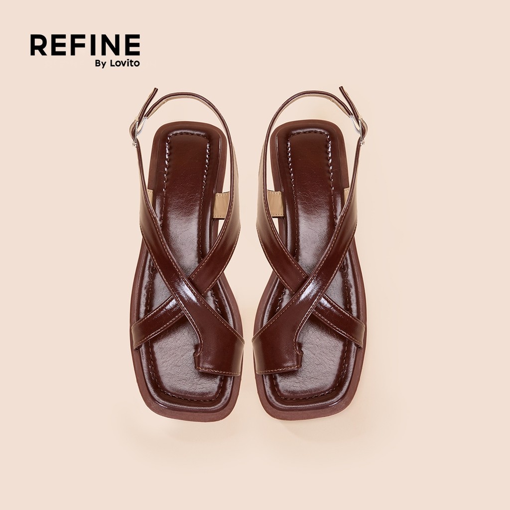(Refine by Lovito) รองเท sandal แบบสบาย ๆ แบบแบน สายไขว้ สปริง/ฤดูร้อน สีดำ รองเท้าส้นแบน LR13E410