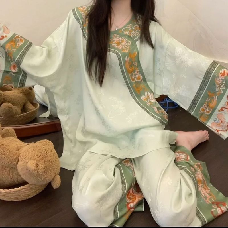 新中式国风睡衣女春秋季中国风古风袖长裤两套家居服可外穿20260402New Chinese-style Women's Pajamas for Spr and Autumn, Chinese Traditional Style Long-sleeved Pants Two-piece Home W