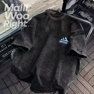 （จัดส่งตลอด 24 ชั่วโมง）Woo Right เสื้อยืดฟอก oversize ผ้าฝ้าย 100% โอเวอร์ไซซ์ สีดําเข้ม สไตล์ฮิปฮอป เรโทร HY