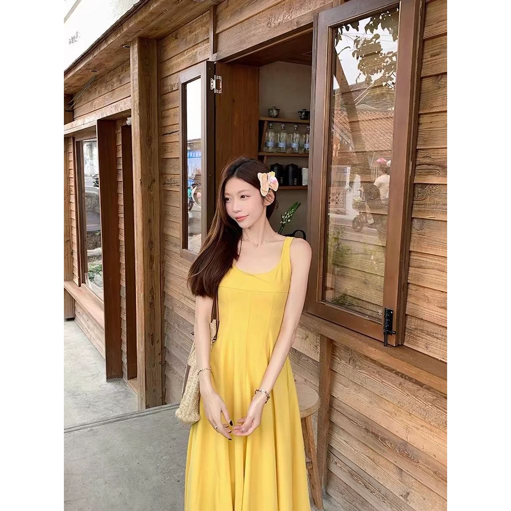 XUHENJIAN 26 อารมณ์ฝรั่งเศส U-คอสีเหลืองชุดสลิงผู้หญิงฤดูร้อนกระโปรงแคบ-เอว Slimmer ดูกระโปรงแกว่งให