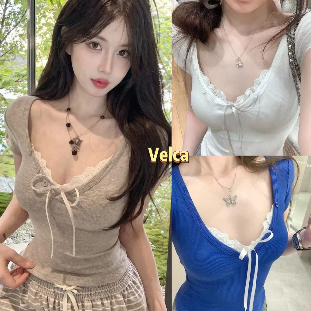 Velca ส่งไวจากไทย เสื้อยืดผู้หญิง เสื้อสไตล์ไอดอล คอวีลูกไม้ ตัดเย็บสวย ใส่แล้วดูแพง