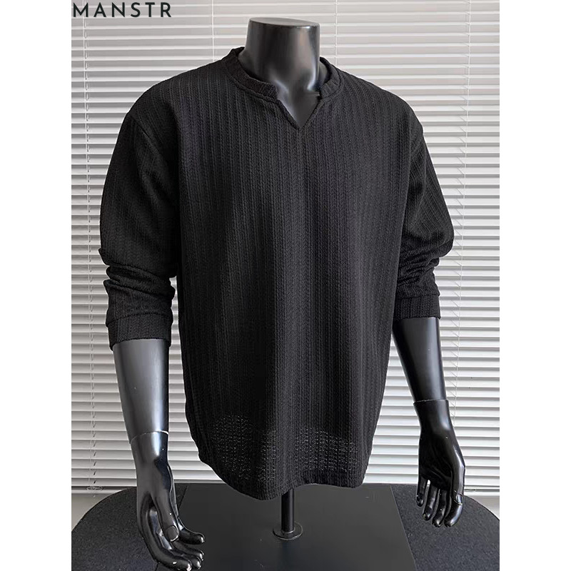 3 สีUndershirt ผู้ชายฤดูใบไม้ผลิแขนยาว V คอ Fishbone Texture Vintage Casual หลวมแฟชั่นฐานชั้น Top