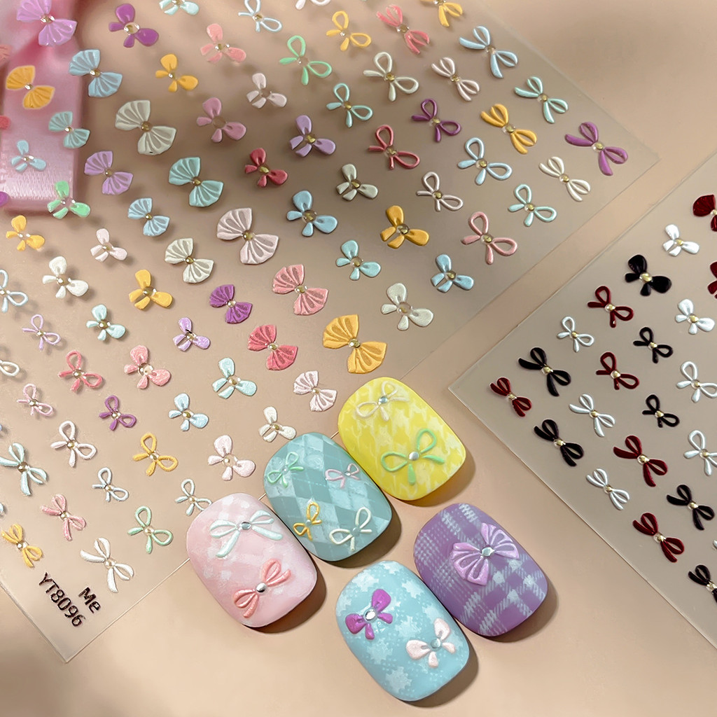 INS Macaron Bow Hot Stamping Gold Silver Hand Drawing Bow Nail Stickers อเนกประสงค์ DIY สติกเกอร์ตกแต่งเล็บ