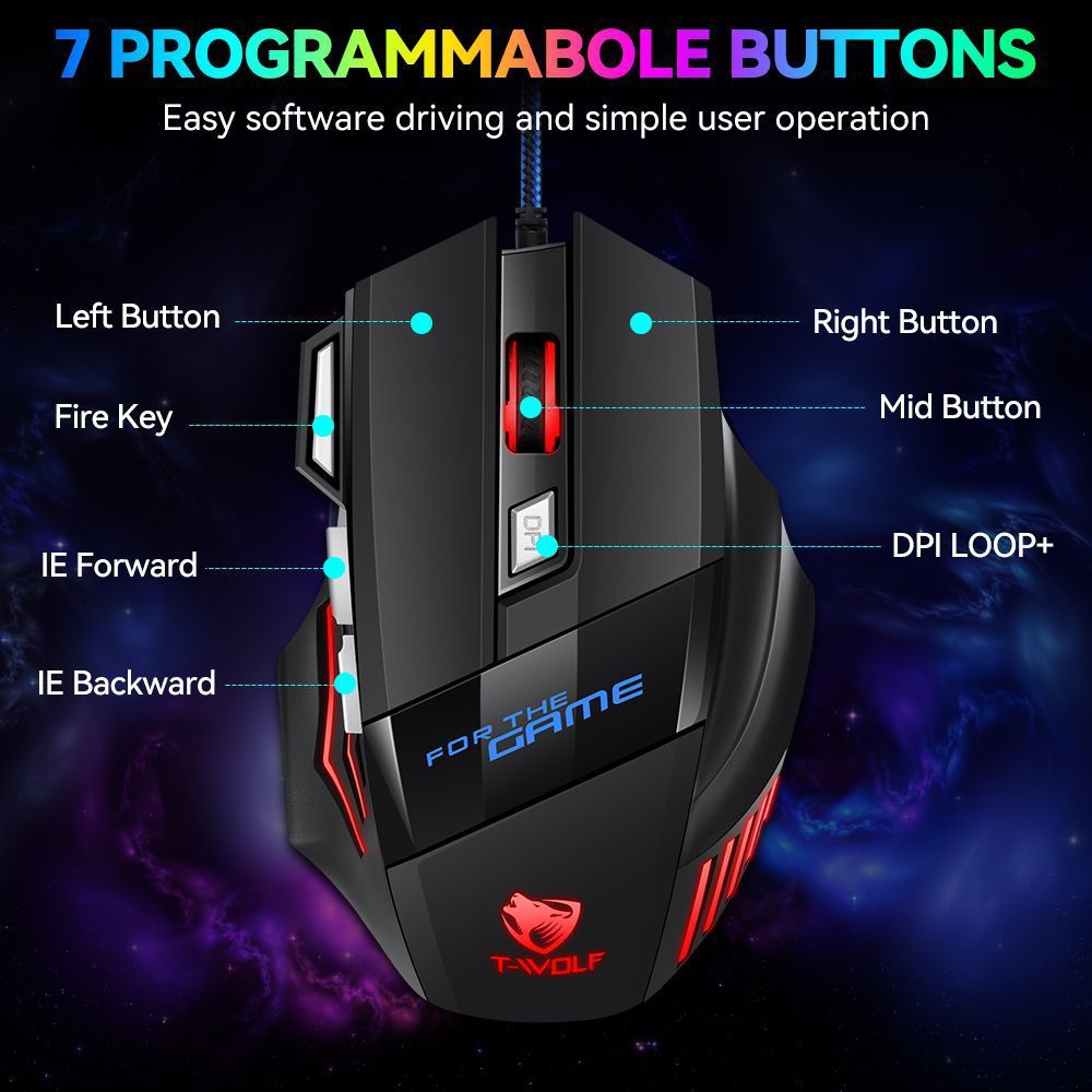 T-WOLF Thunder WOLF M1 เมาส์สําหรับเล่นเกมแบบมีสาย Luminous Boy เมาส์ขนาดใหญ่ 7 ปุ่ม mouse4.9