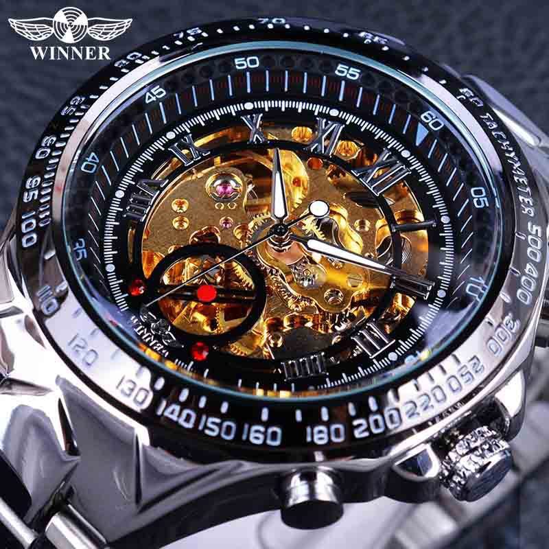 คลังสินค้าพร้อม จัดส่งด่วน WINNER T-WINNER แฟชั่นผู้ชาย All-Steel Hollow Automatic Mechanical Watch 