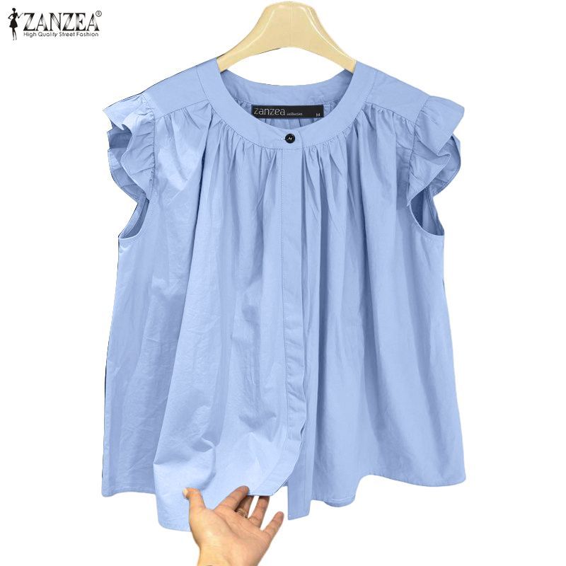 ZANZEA สไตล์เกาหลีเสื้อแขนปูกะพันสำหรับผู้หญิง ดีไซน์ปลอกคอดีเทลด้วย pleats ทรงหลวม สไตล์ A-line เหมาะสำหรับฤดูร้อน