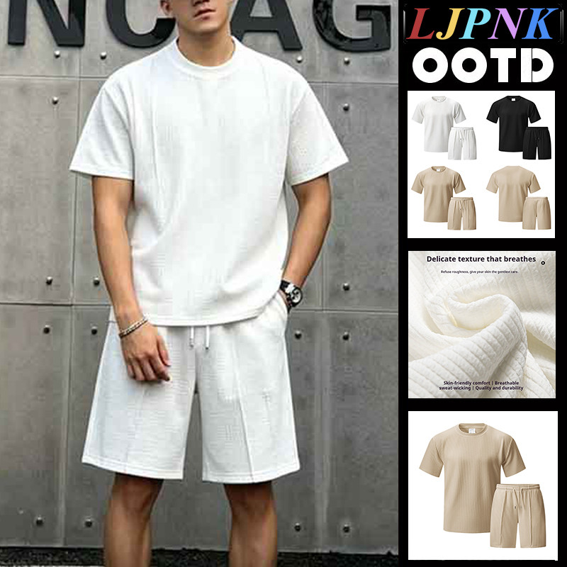 ชุดลำลองผู้ชาย 2 ชิ้น เสื้อโปโลและกางเกงขาสั้น ระบายอากาศดี สำหรับฤดูร้อน ไซส์ S-2XL