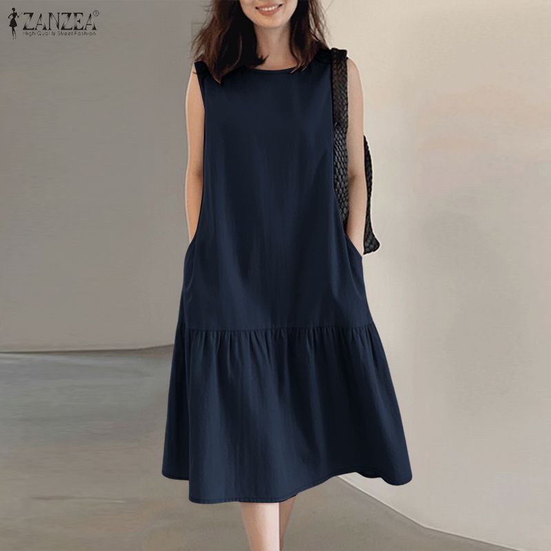 Zanzea ผู้หญิงเกาหลี Minimalist หลวมกระเป๋าด้านข้าง Ruffled สีทึบรอบคอแขนกุด — صورة 4