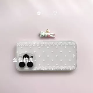 ลูกไม้ขอบป้องกันแป้งลายจุดเหมาะสําหรับ แอปเปิล 17 เคสโทรศัพท์ ไอโฟน16/15/14/13 การ์ตูน 12/11 เคสโทรศัพท์โปร่งใส