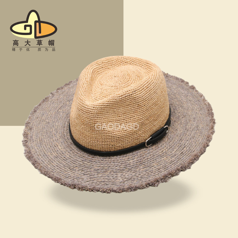 Spot Goods#Two-tone frayed edge jazz hat with raffia strap and buckle decoration, sun protection str