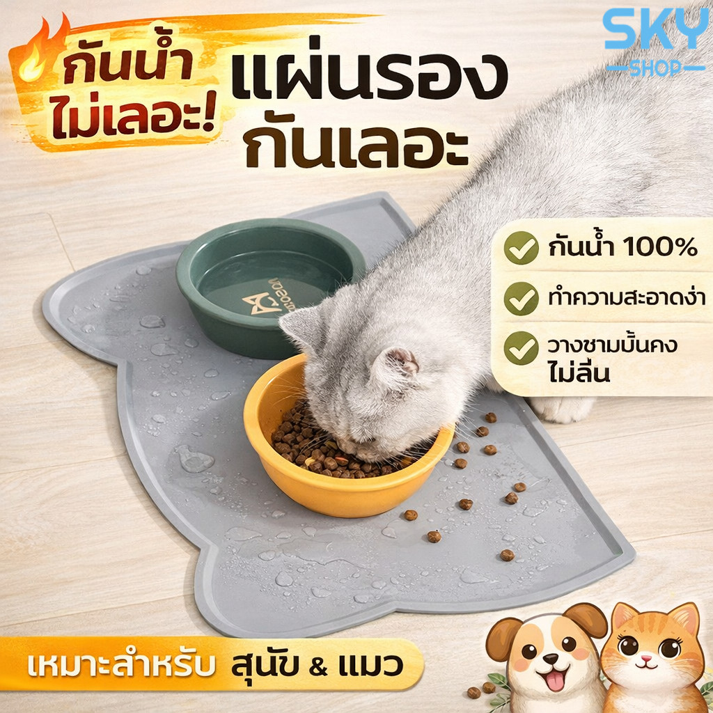 SKY แผ่นรองชามอาหารสัตว์เลี้ยง กันหกเลอะพื้น ทำความสะอาดง่าย แผ่นรองชามแมว สุนัข เสื่อให้อาหาร Silicone Feeding Mat