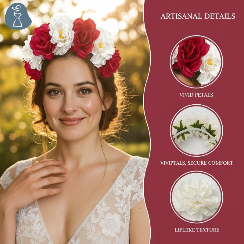 [PANDAB] ประดิษฐ์มงกุฎดอกไม้ Boho Chic สําหรับผู้หญิงสาวปรับ Hairband สําหรับงานแต่งงานถ่ายภาพเครื่อ
