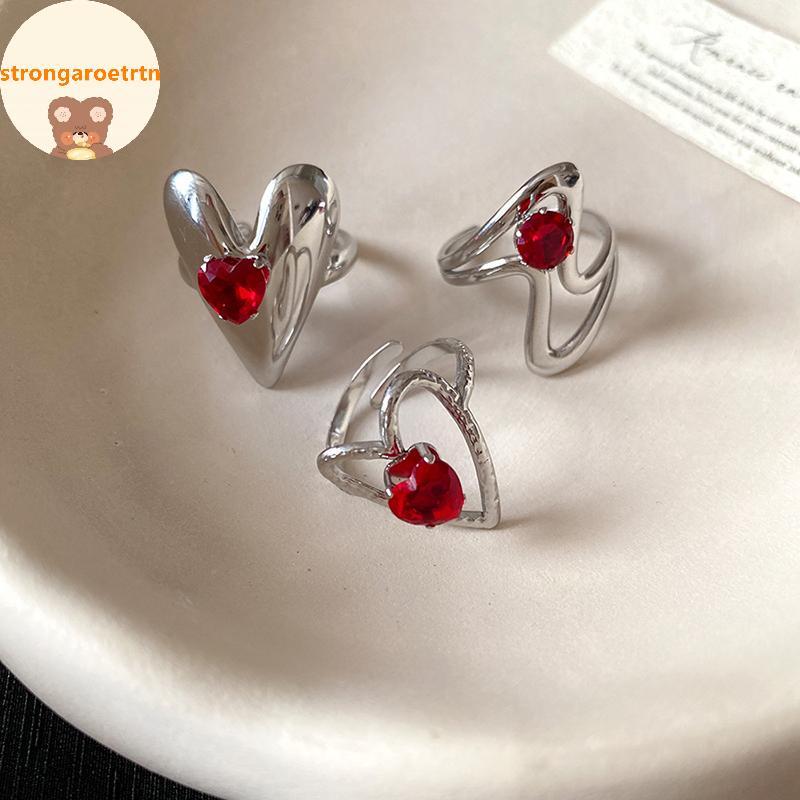 Strongaroetrtn Red Zircon Smooth Heart-shaped Open Ring Simple Index Finger Rings เครื่องประดับสําหร