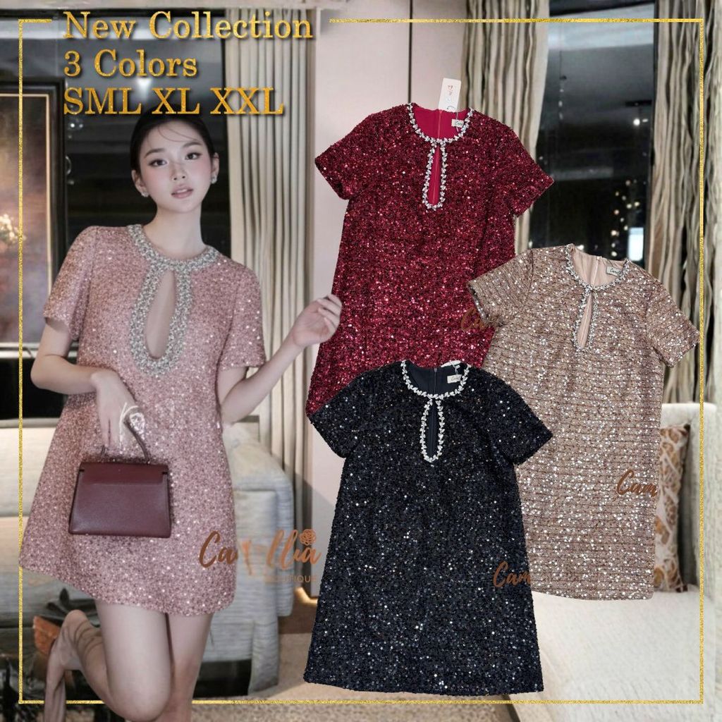 ❥S-XXL เดรสกลิตเตอร์ แต่งเพชร เดรสทรงปล่อยใส่สบาย สีแดง ดำ ชมพู งานป้าย Camellia Boutique เดรสน่ารัก