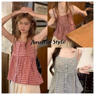 Amarin🌸พร้อมส่ง🌸【เสื้อสายเดี่ยวลายสก็อต】สีแดงดำ ทรงลวมปลายปล…