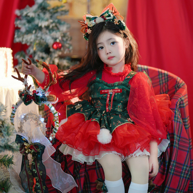 ชุดเจ้าหญิงสไตล์โลลิต้าสำหรับคริสต์มาสและปีใหม่ ดีไซน์แขนยาวสีแดง พร้อมกระโปรงชั้นใน เหมาะสำหรับฤดูใบไม้ร่วงถึงหนา