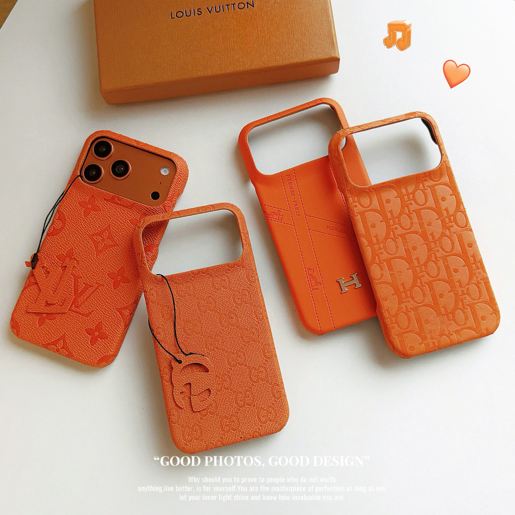 สีน้ํามันสีส้มหนังแบรนด์อินเทรนด์ครึ่งกรณีกันกระแทกฮาร์ดเชลล์แฟชั่นเคสโทรศัพท์สําหรับiPhone 17 Air Pro Max 16 Pro Max 15 Pro Max 14 13 12 11 เคสโทรศัพท์