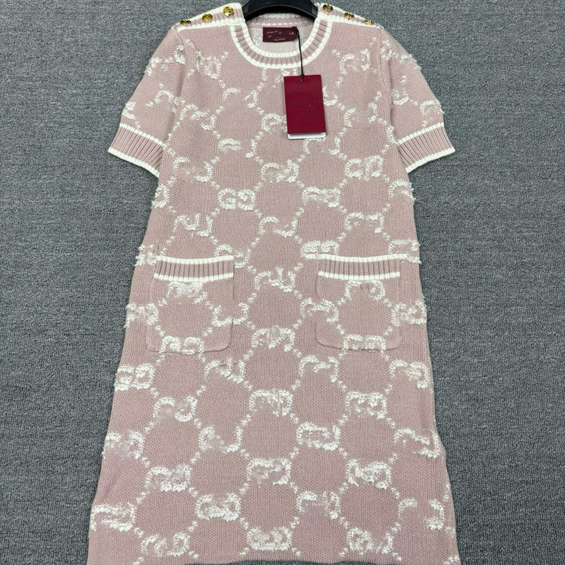 J6O1 GU##I 25Round Neck Knitted Short Sleeve Dress with Two Pockets Color Block Double G