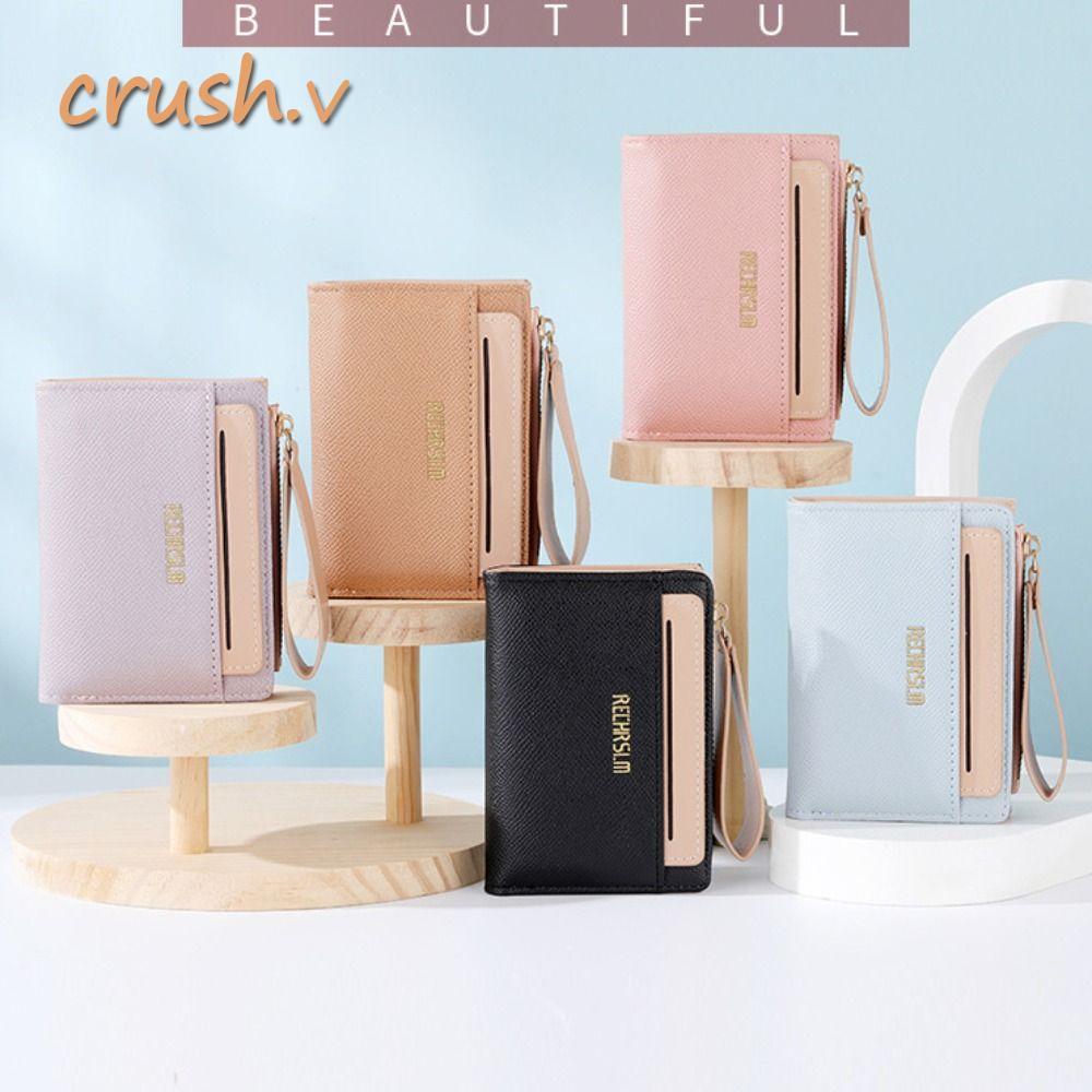 [CRUSH] กระเป๋าสตางค์ผู้หญิงแบบสั้น, Hasp Design Solid Color Credit Card Holder, Fashion PU Leather 