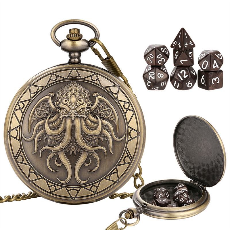 Retro Large Size Winged Cthulhu Pattern Pocket Watch Case Pendant Chain with 7pcs Tiny Size Acrylic Polyhedral Dice for Dragon and Dungeon Role Play Gaming