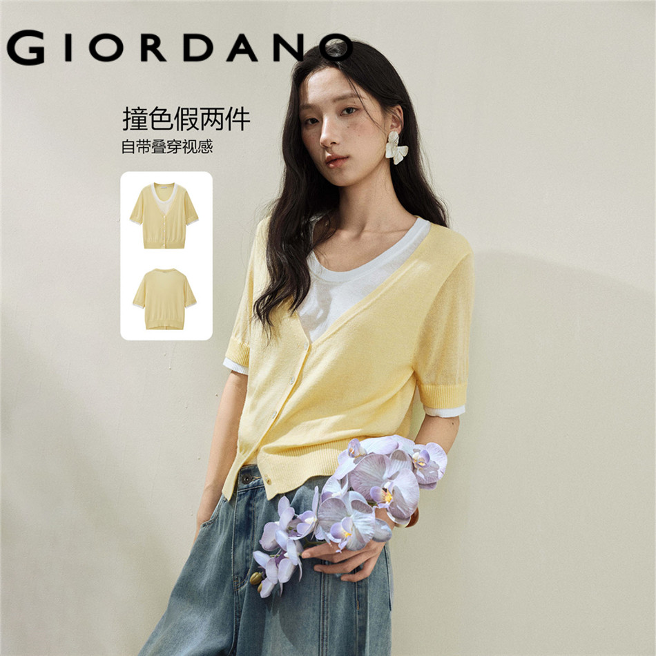 GIORDANO WOMEN Contrast Color Fake Two-Piece Round Neck Knitted Short-Sleeve Sweater - High Quality 18356204