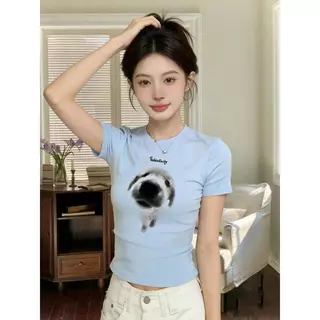เสื้อยืดแขนสั้นคอกลมพิมพ์ลายดอกไม้เหมาะสำหรับผู้หญิง