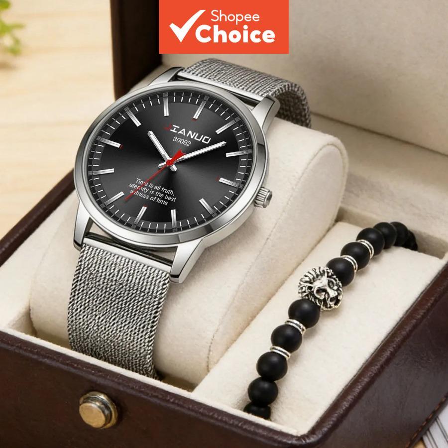 Minimalist Mens Mesh Strap Watch 2 ชิ้นชุด Ultra-Thin Quartz กีฬากันน้ําของขวัญสําหรับชาย