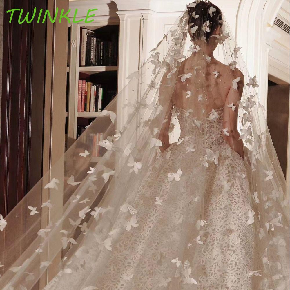 TWINKLE1 หมวกแต่งงานเจ้าสาว, เส้นด้ายนุ่ม Super Long White Butterfly Wedding Veils, สวย One Layer 3D ผีเสื้อหรูหราภาพลวงตาเจ้าสาว Headpiece ผู้หญิง – โปรปัง