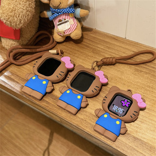 หนังสีดํา Hello Kitty ซิลิโคนป้องกันปกอ่อนเหมาะสําหรับ iwatch S11 10 9 8 ultra 7 6 5 4 SE 3 2 1 ขนาด 38mm40mm41mm42mm44mm45mm49mm