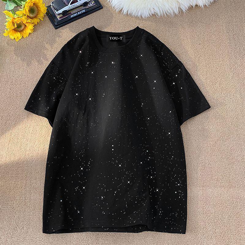 UT shop【ใหม่】🔥เสื้อยืดสีดำ แต่งกากเพชรวิ้งๆ สไตล์ ผ้าคอตตอนนุ่มใส่สบาย แมตช์ง่ายได้ทุกชุด ตรงปก