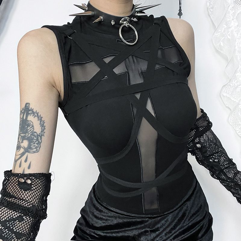 DarkLooks暗黑哥特十字架镂空背心女万圣节穿搭辣妹修身显瘦上衣4.9DarkLooks Dark Gothic Cross Hollow Out Tank Top for Women Hallo