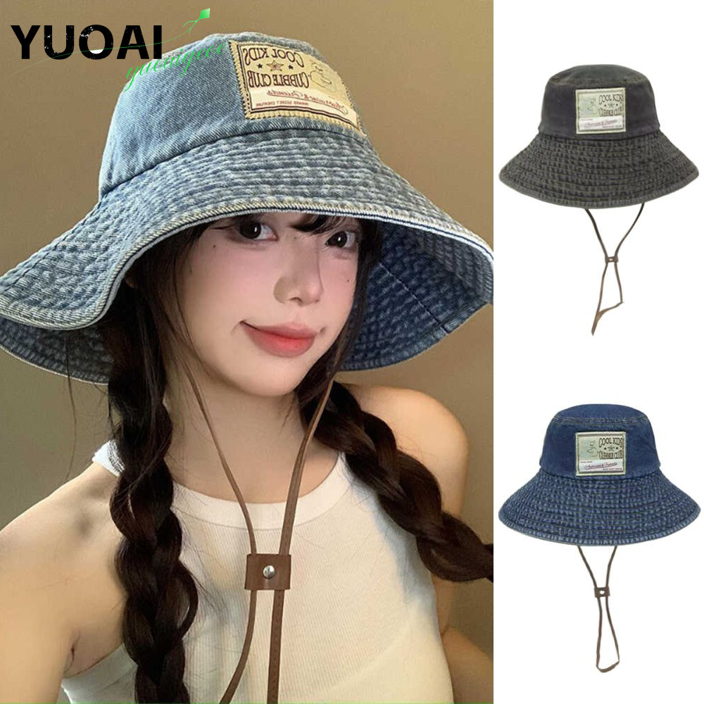 YUOAI ผู้หญิง Denim Bucket หมวก, Windproof พร้อม Drawstring Big Brim Sun หมวก, Hot Sun Protection Retro All-match Western หมวกคาวบอยฤดูใบไม้ผลิ
